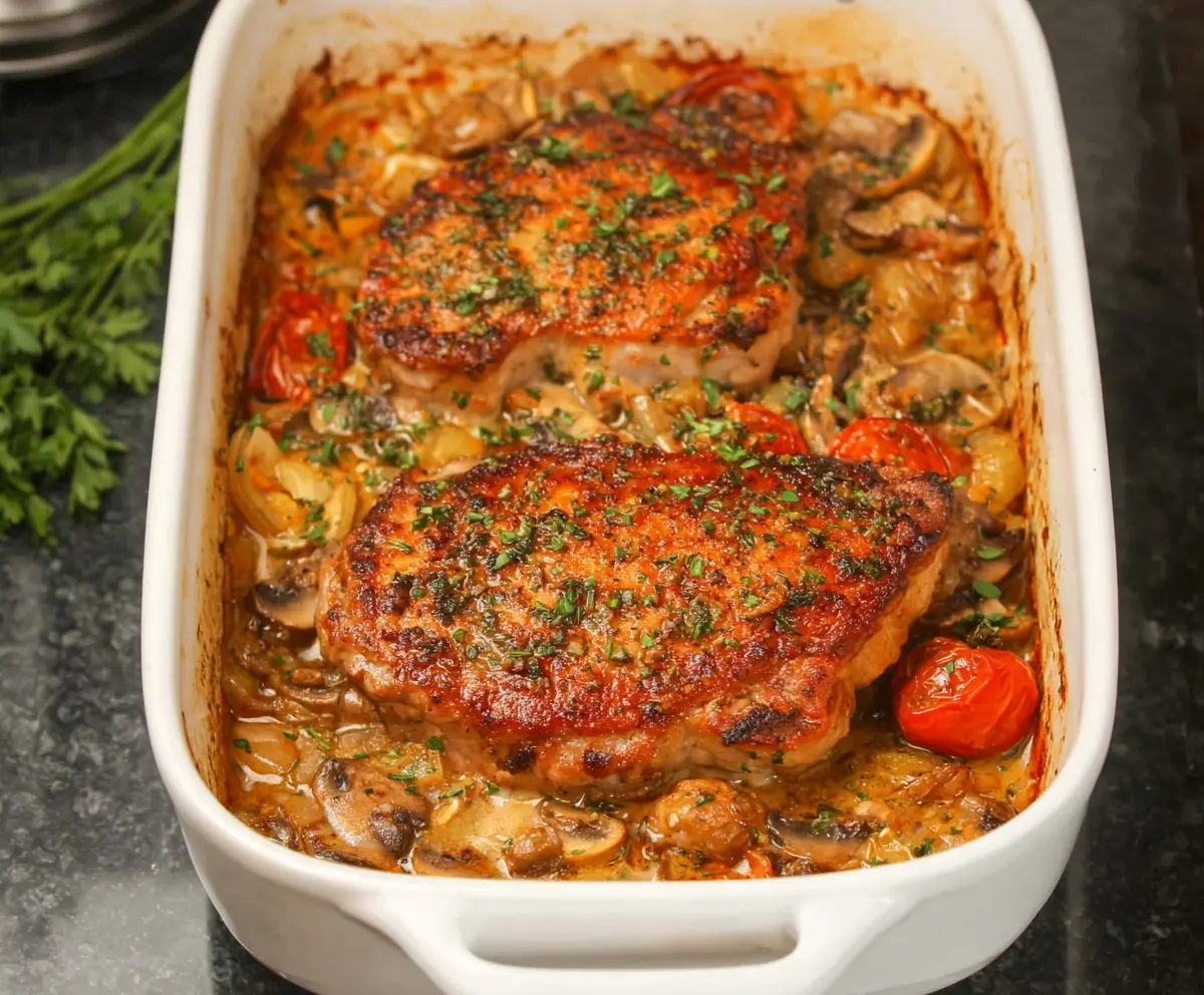 Delicious pork chop casserole with melted cheese and seasoned vegetables in a baking dish.