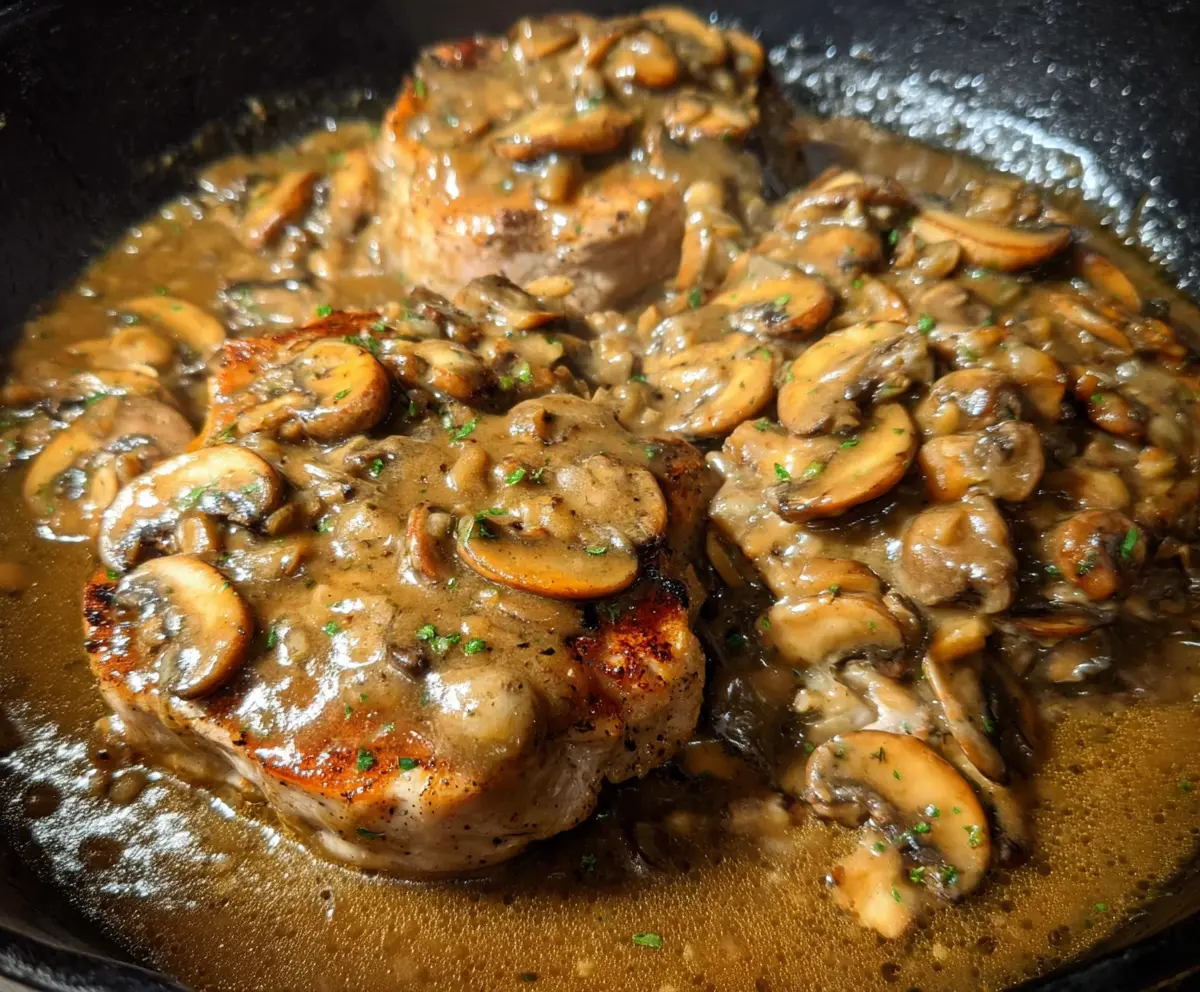 Juicy pork chops served with creamy mushroom and shallot gravy on a rustic plate.