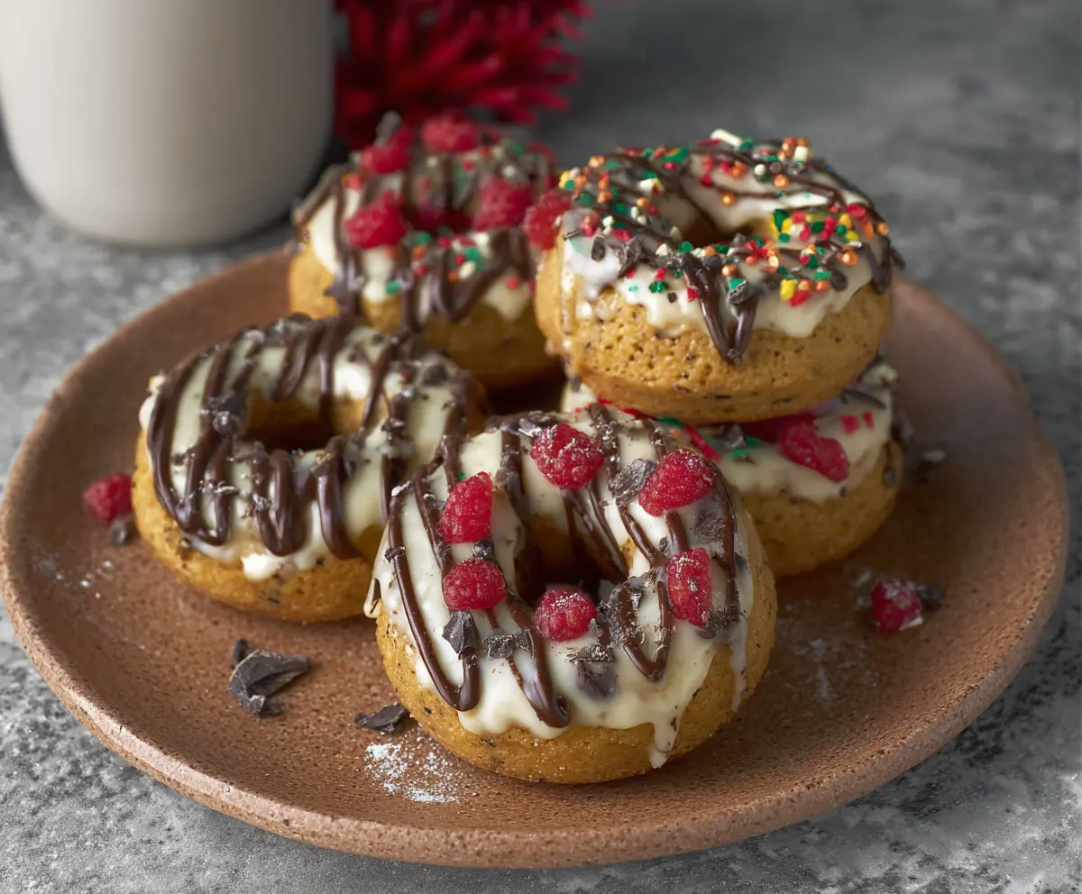 Healthy protein donuts on a plate with fresh berries and a glass of milk