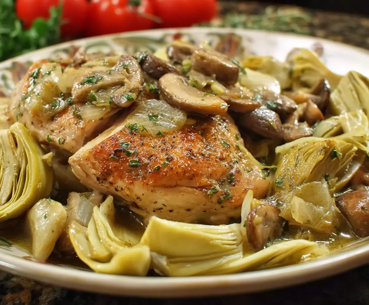 Delicious Romantic Chicken with Artichokes and Mushrooms served on a stylish plate.