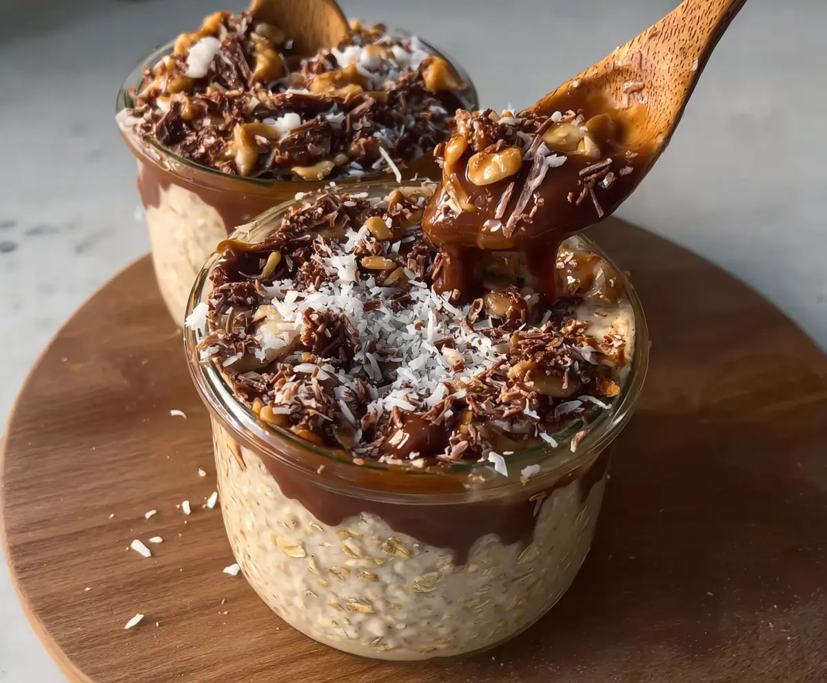 Delicious Samoa Cookie Overnight Oats topped with coconut, caramel, and chocolate for a sweet breakfast treat.