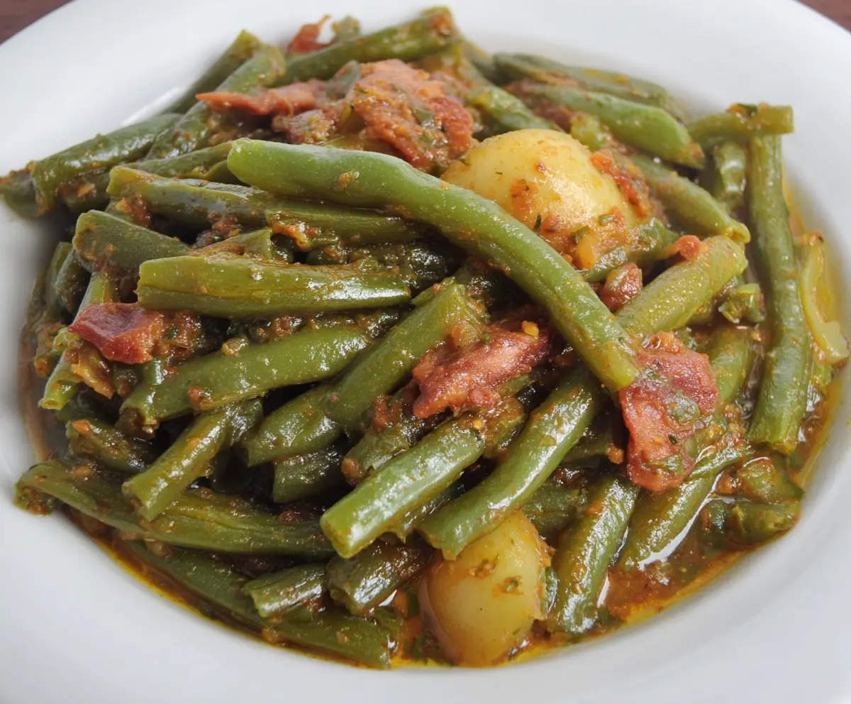 Delicious smothered green beans Cajun style served as a flavorful side dish.