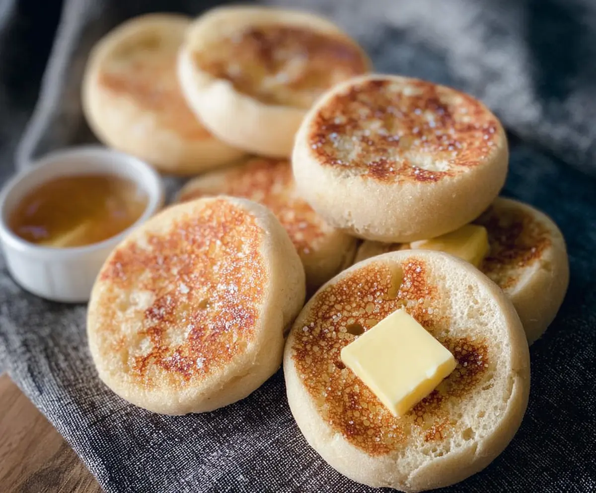 Golden toasted sourdough English muffins with perfect texture on a rustic wooden table.