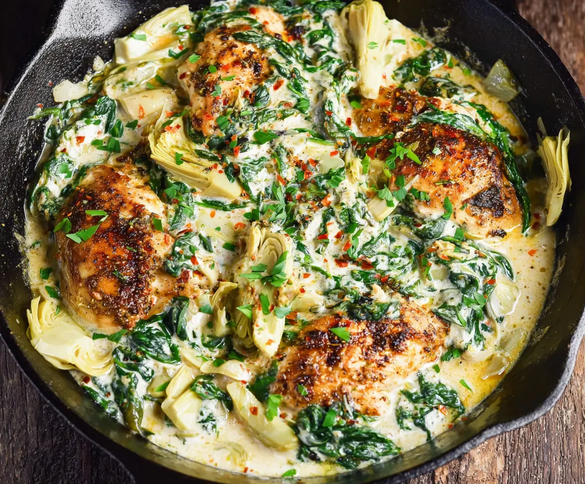 Delicious Spinach Artichoke Chicken Skillet served on a plate, featuring vibrant greens and creamy sauce, perfect for Paleo, Whole30, and Keto diets.