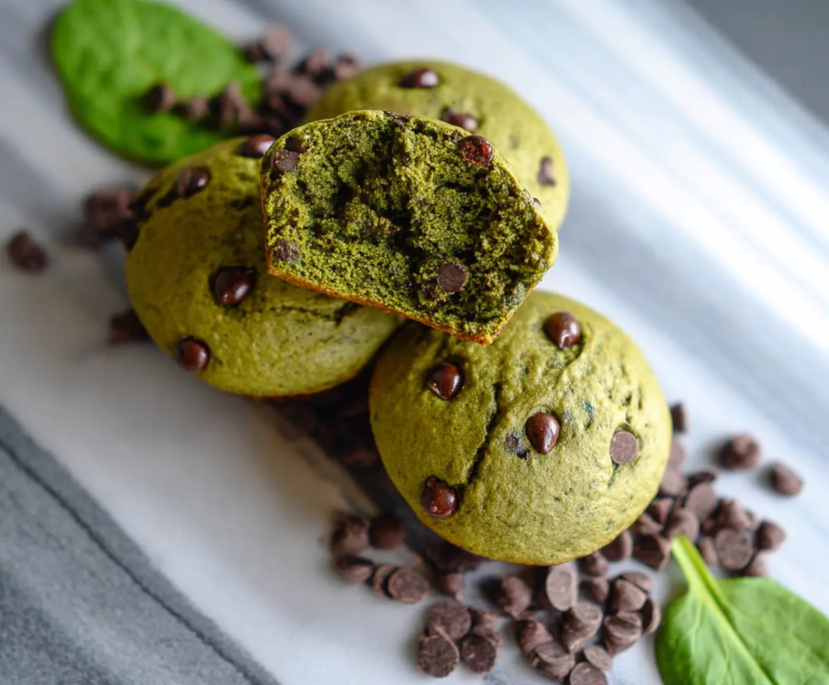 Delicious homemade spinach chocolate chip protein muffins, healthy breakfast snack with fresh spinach and melty chocolate chips