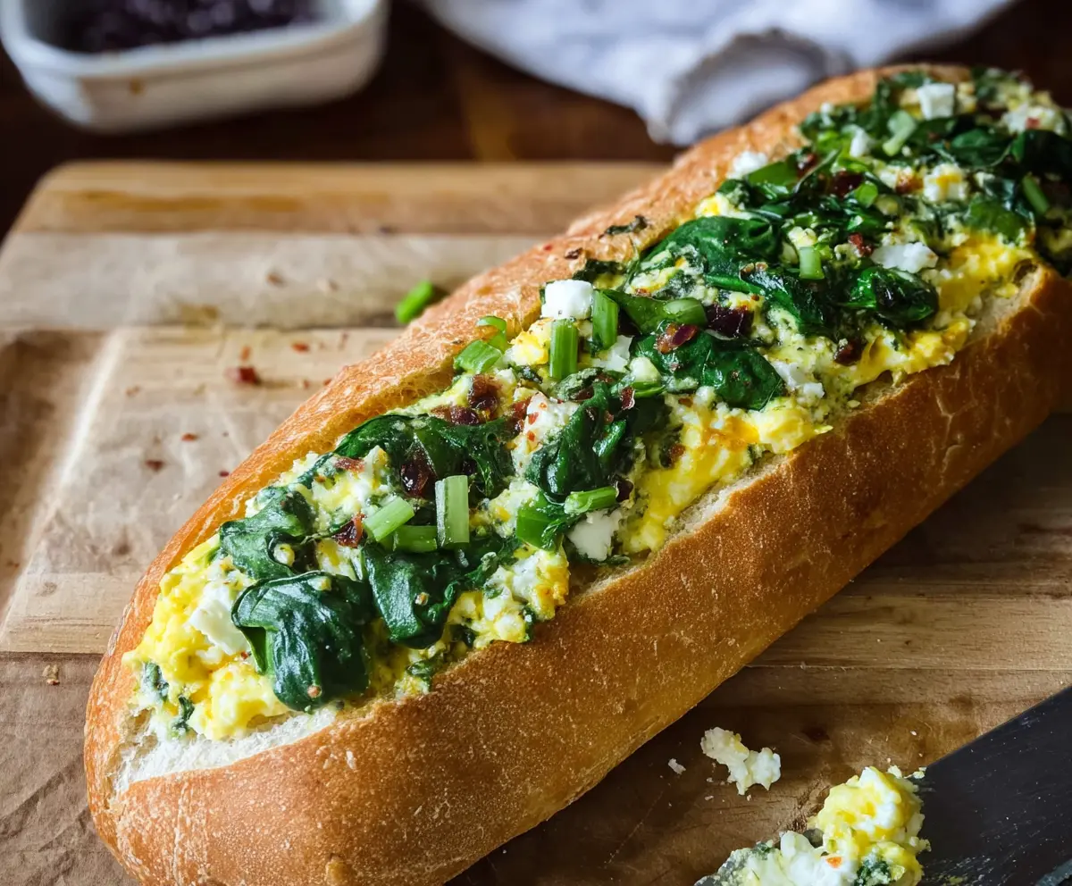 Delicious Spinach & Feta Breakfast Baguette with fresh greens and melted cheese served on a rustic plate.