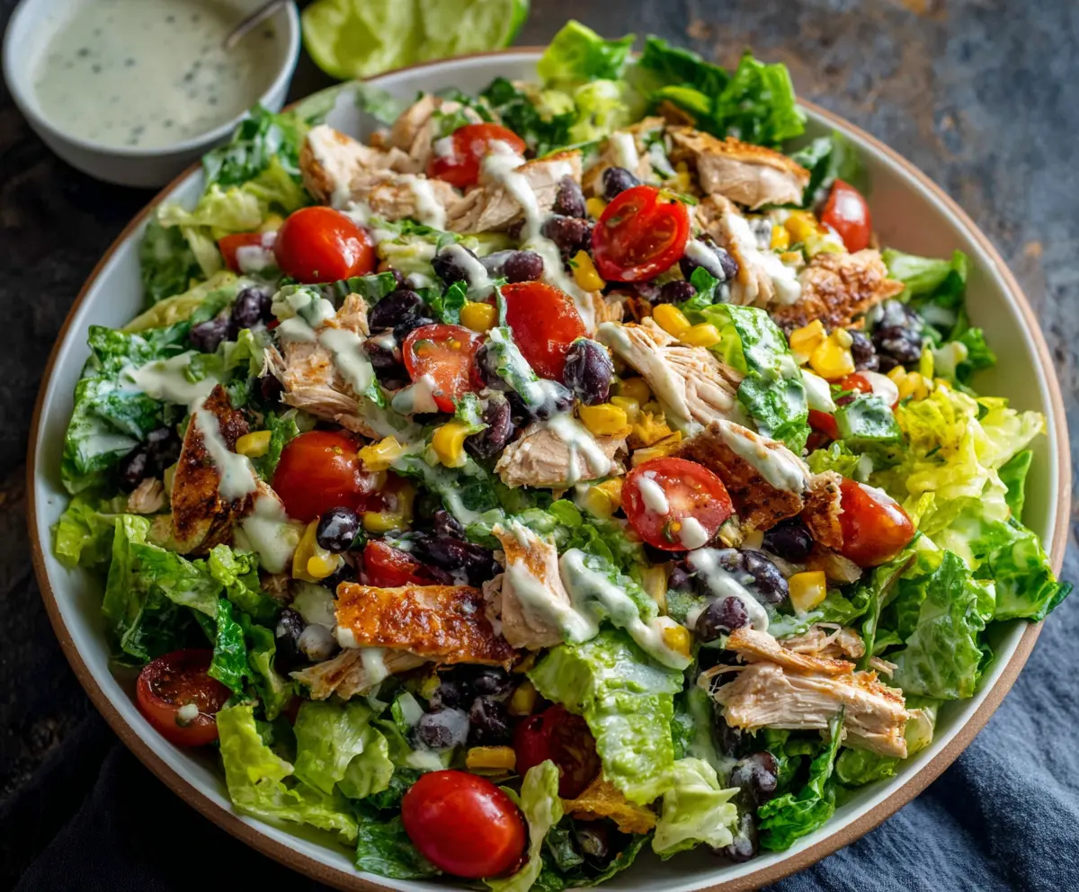 Delicious taco chicken salad with fresh vegetables and flavorful toppings on a white plate.