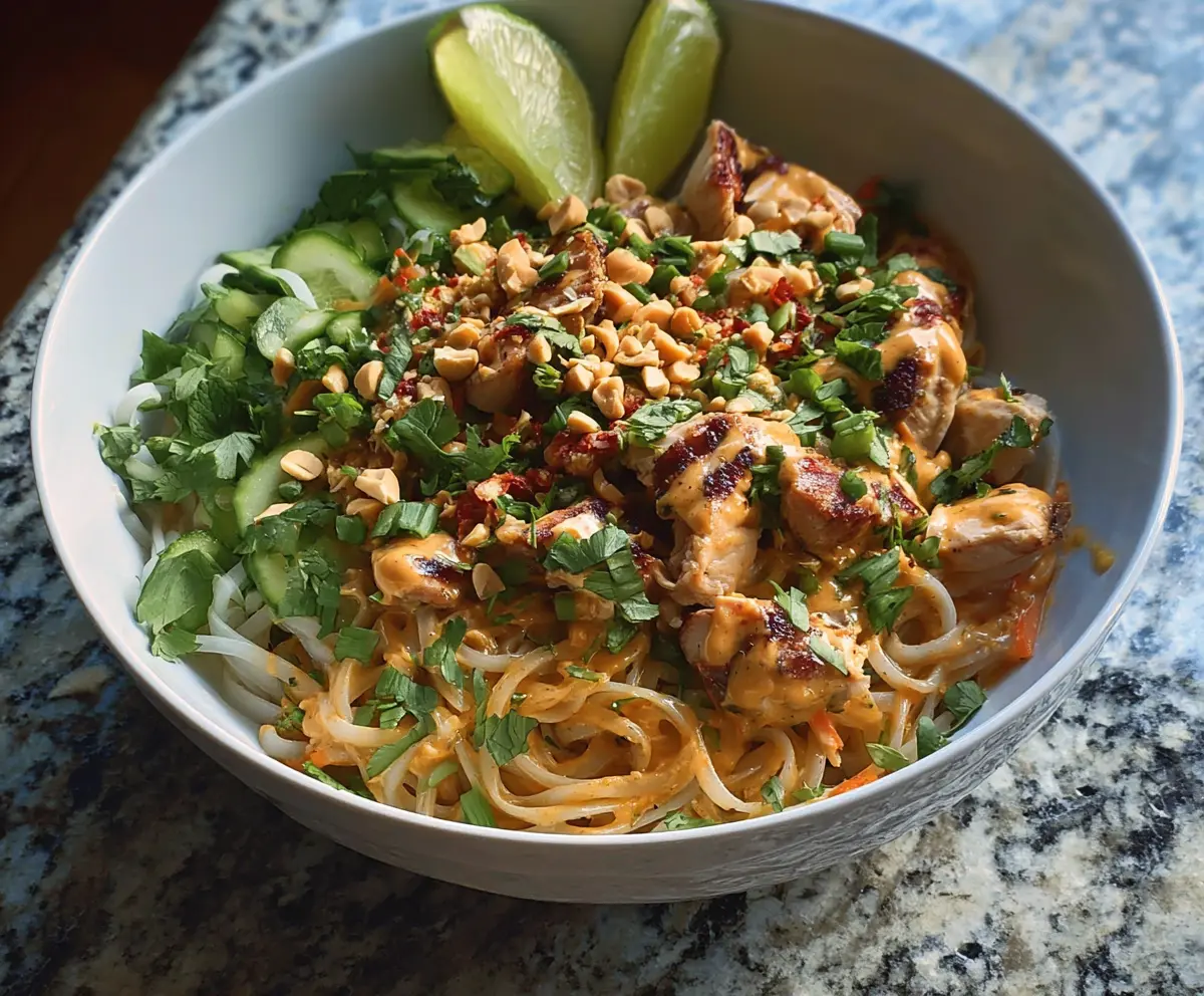 Delicious Thai Peanut Chicken Noodle Bowls with vibrant vegetables and creamy peanut sauce.