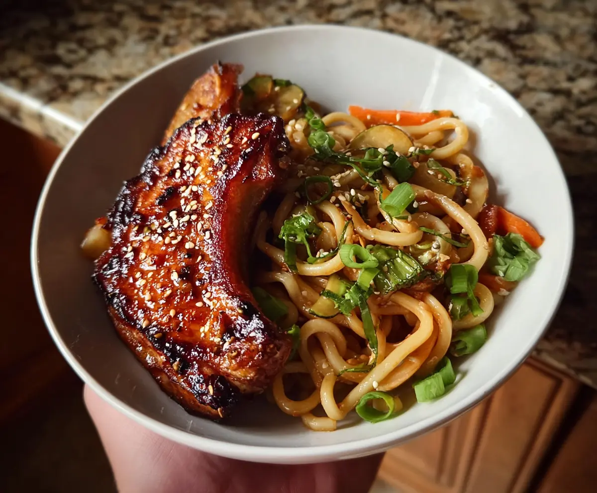 Veggie Udon + Sticky Glazed Pork Chops