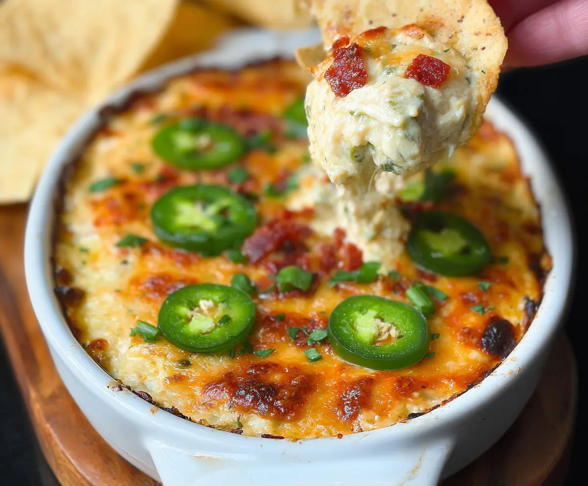 Golden baked Chuy's Jalapeno Chicken Dip served with fresh pita bread and vegetables.