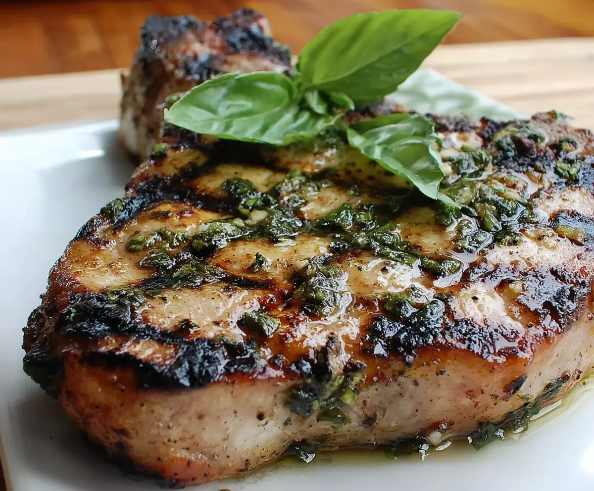 Juicy basil-garlic grilled pork chops served on a platter with fresh herbs