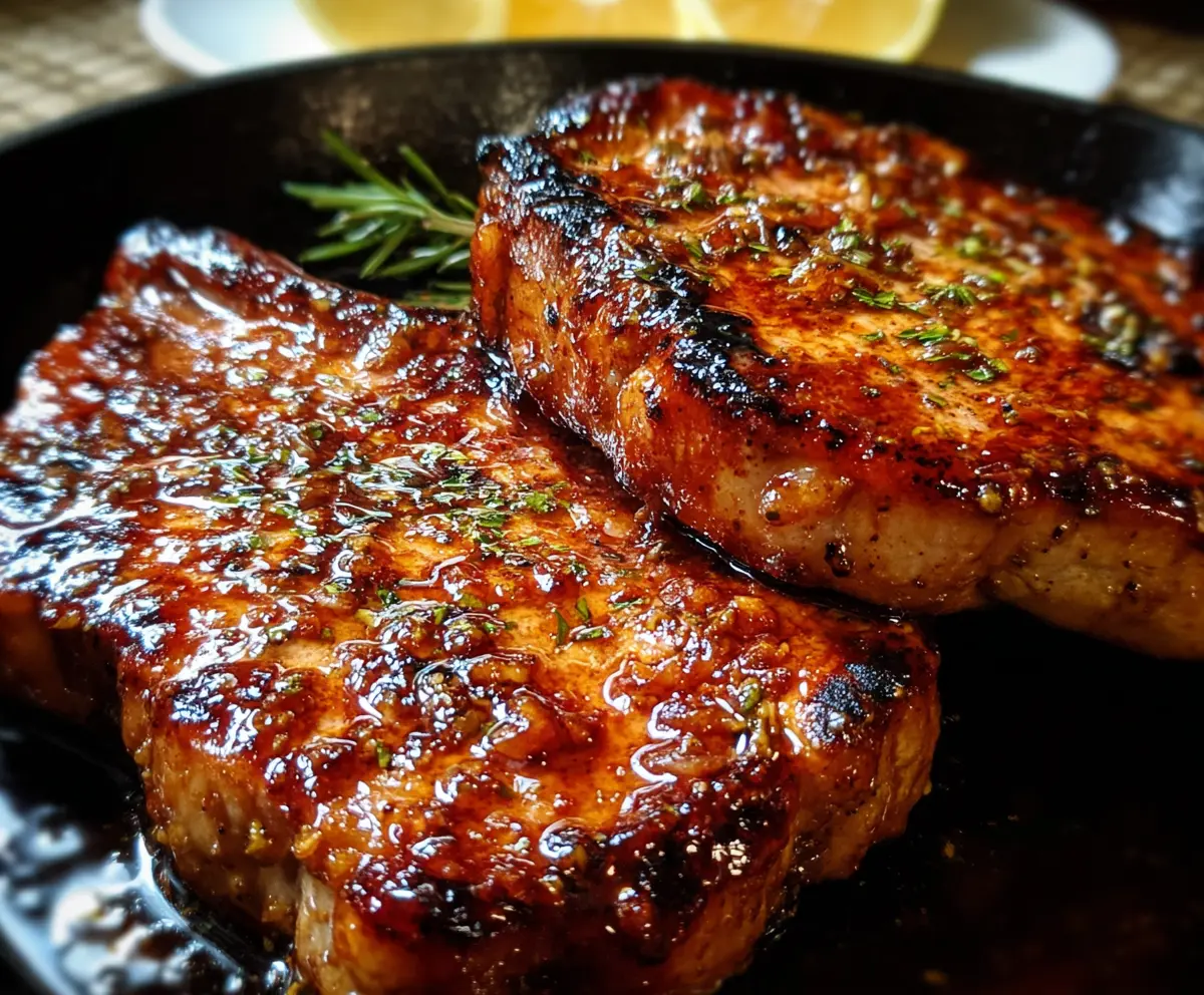 Juicy honey garlic pork chops served on a plate with fresh herbs and roasted vegetables.