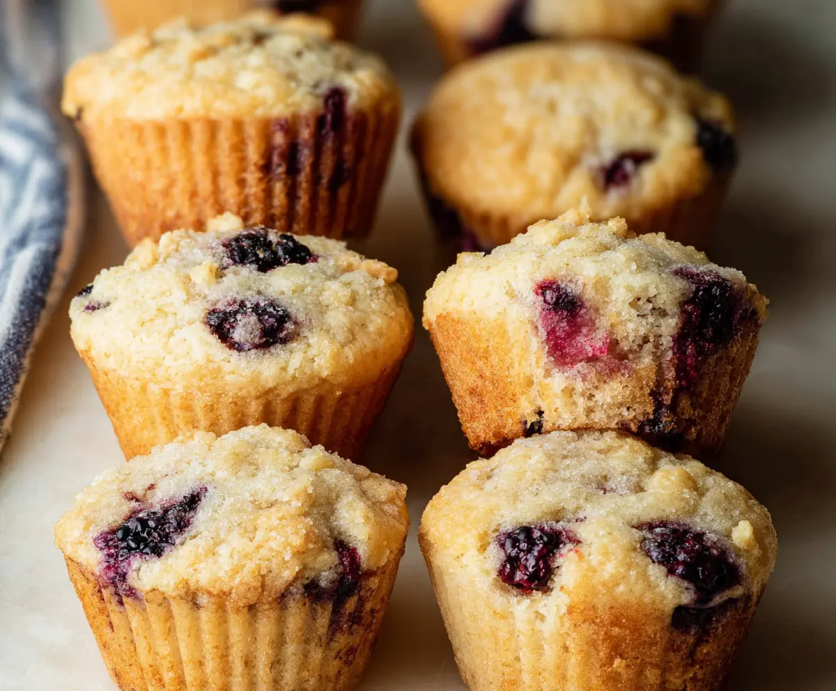 Delicious homemade blackberry muffins fresh out of the oven with ripe blackberries and a golden crust