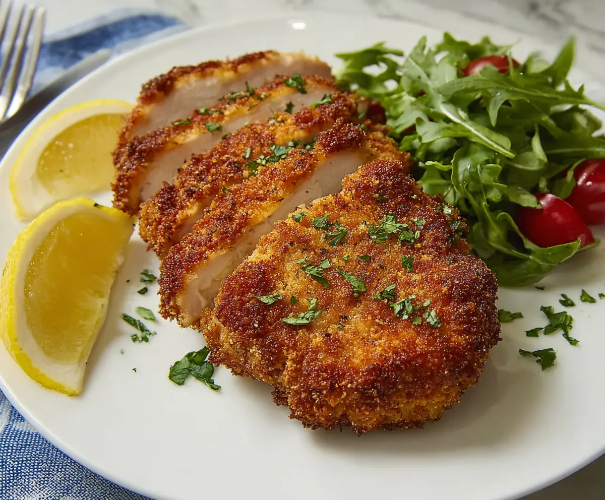 Golden crispy breaded pork chops cooked in an air fryer on a white plate.