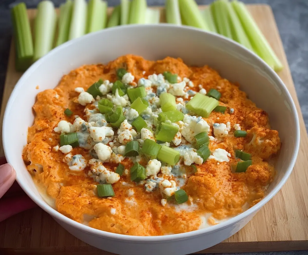 Creamy Buffalo Cauliflower Dip served with fresh vegetables for a healthy appetizer