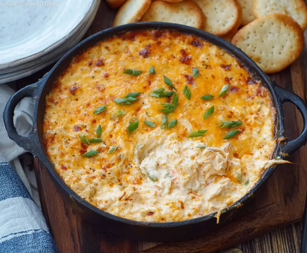 Creamy cheesy hot crab dip served with tortilla chips, perfect for appetizer gatherings.