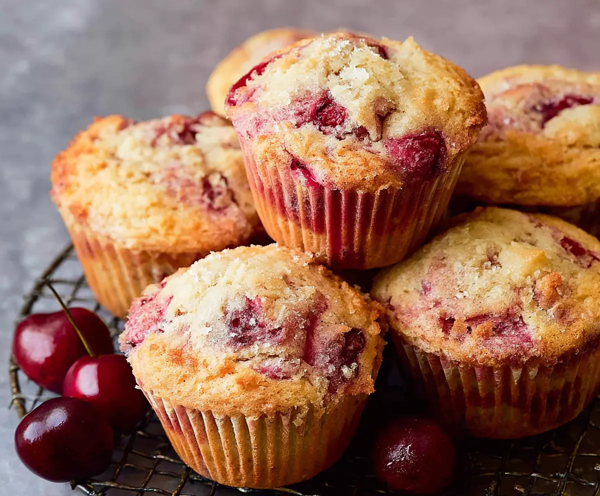 Fresh cherry muffins on a white plate, garnished with a cherry on top, perfect for breakfast or snack.