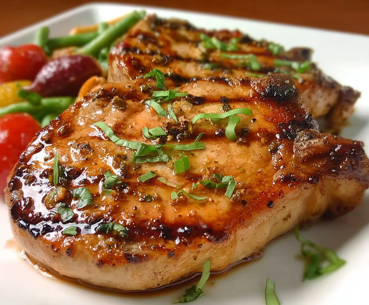 Juicy Chesapeake Bay Pork Chops served with seasonal vegetables on a rustic plate.