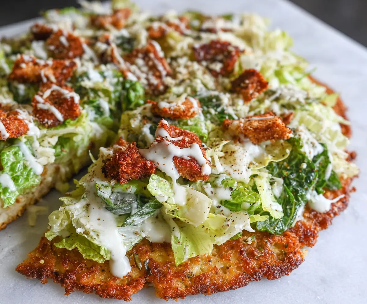 Delicious Chicken Crust Caesar Salad Pizza topped with fresh romaine lettuce and Parmesan cheese.