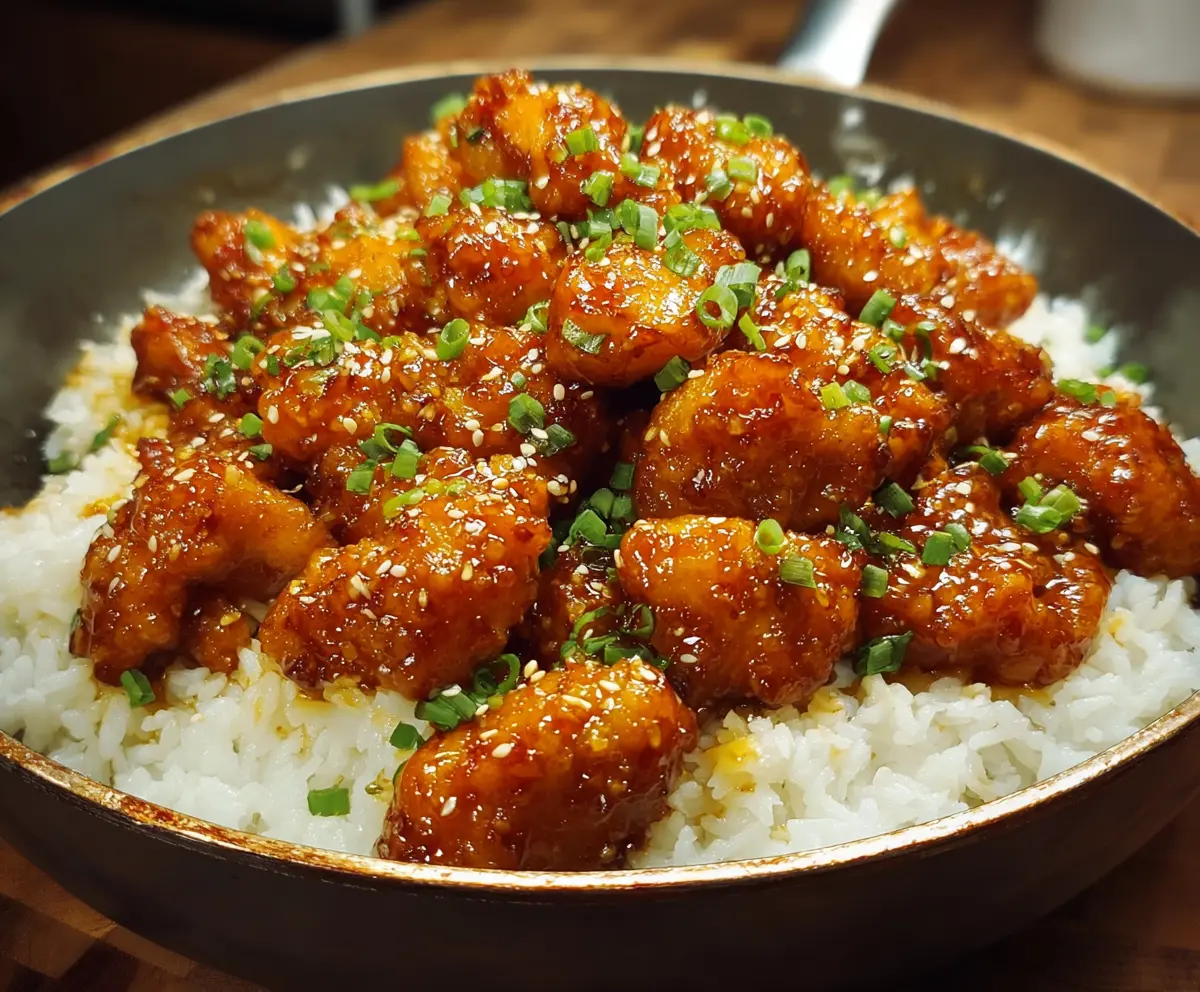 Delicious Chinese Honey Garlic Chicken served on a plate with a glossy sauce and fresh vegetables.