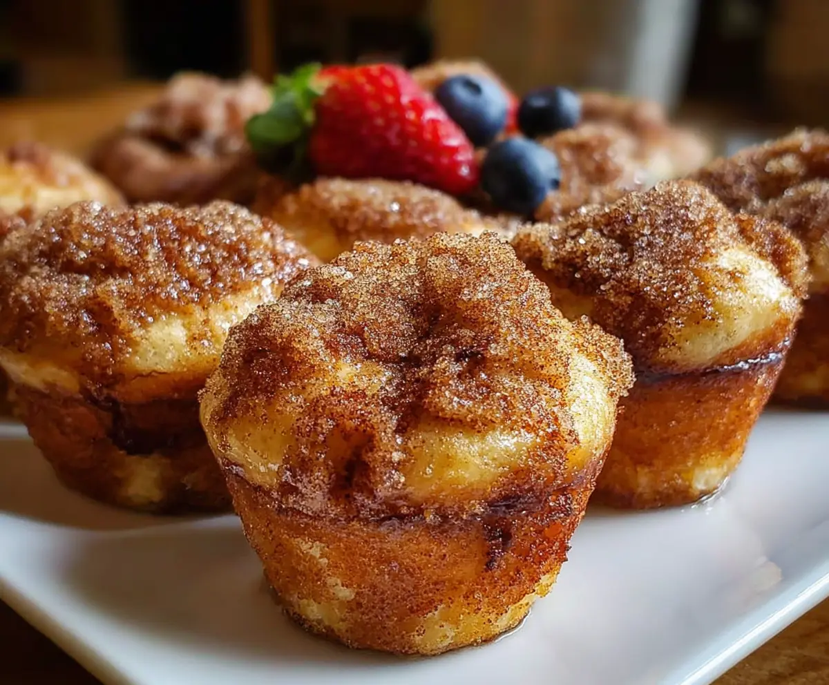 Delicious Cinnamon Sugar French Toast Muffins arranged on a plate, topped with powdered sugar and cinnamon for a sweet breakfast treat.