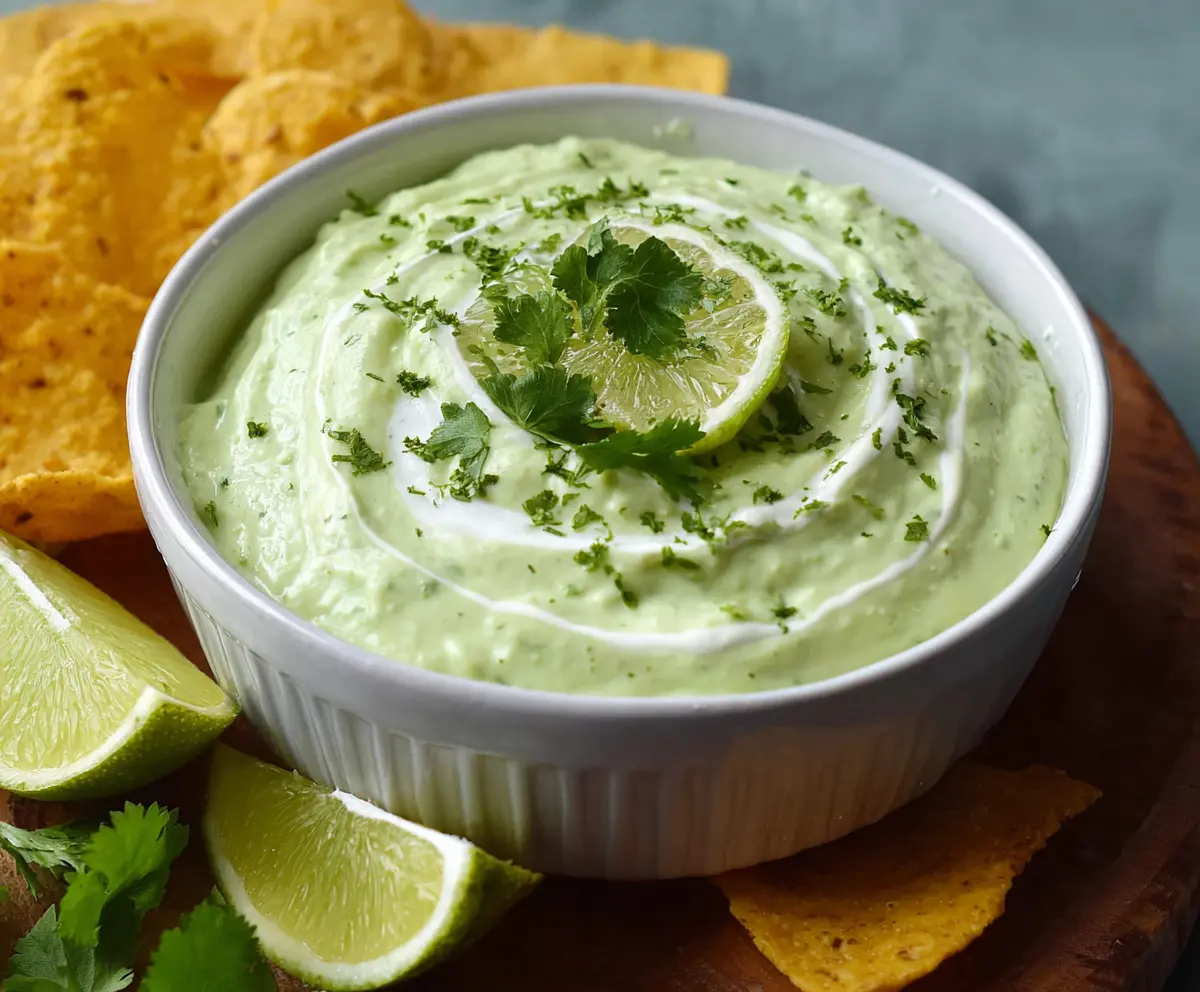Creamy avocado cilantro lime dip served in a bowl with fresh cilantro and lime slices