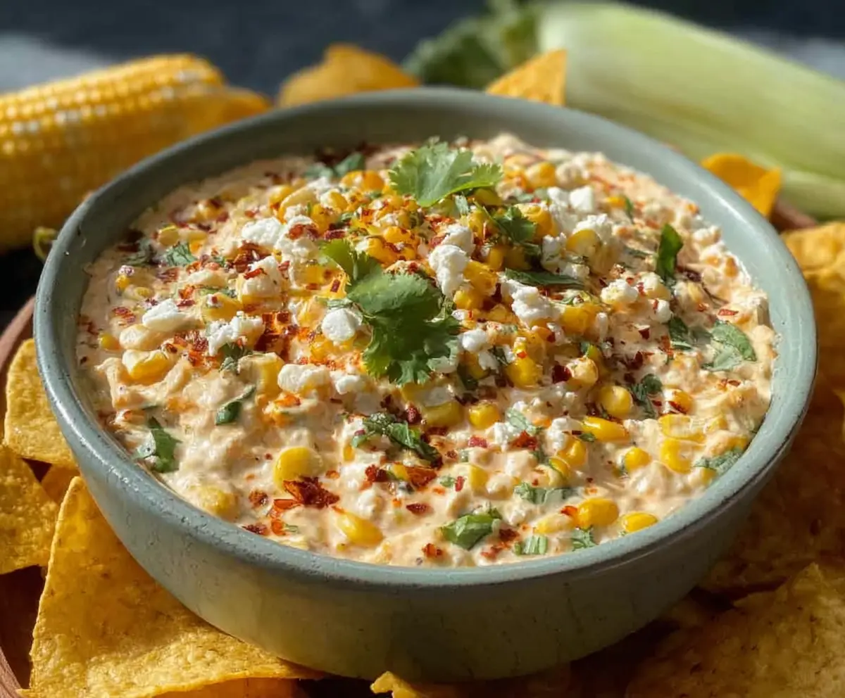 Creamy Chipotle Corn Dip served with fresh vegetables and tortilla chips.