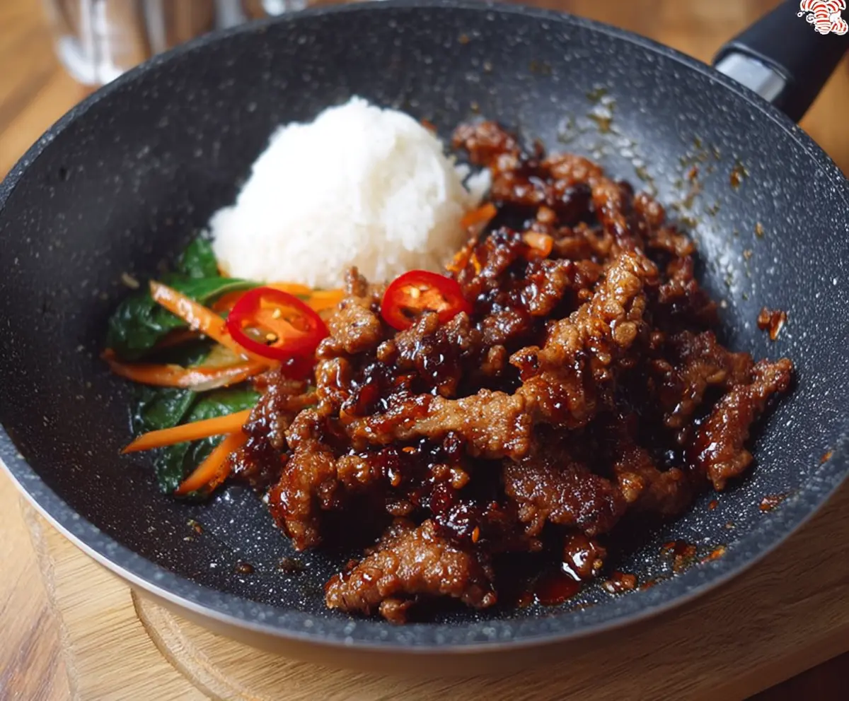 Delicious crispy chilli beef with sweet chilli sauce, garnished with fresh herbs and served on a plate.