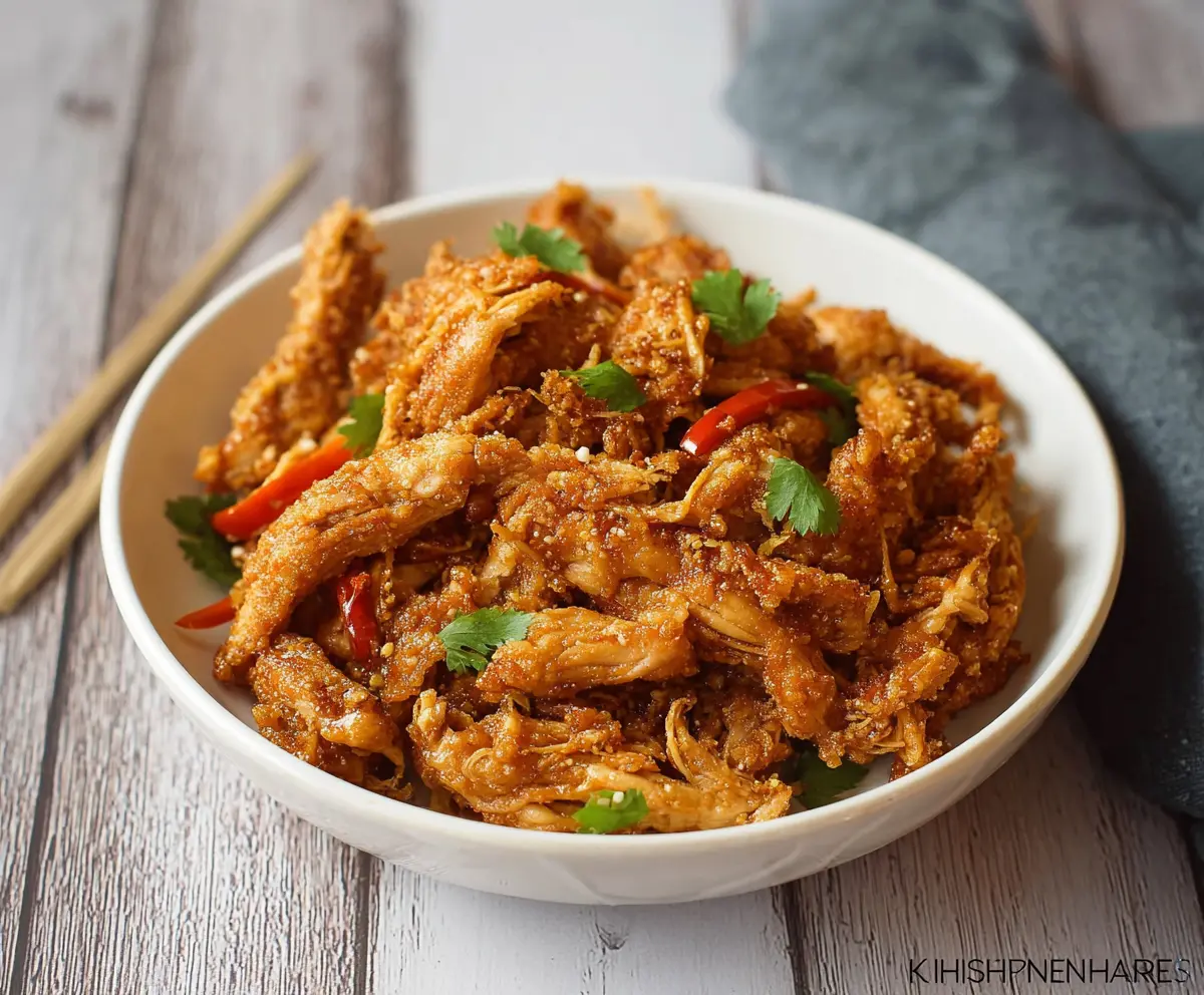 Crispy shredded chicken served on a white plate with garnish, perfect for a delicious meal