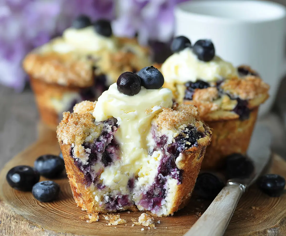 Freshly baked blueberry muffins with cream cheese filling on a baking tray.