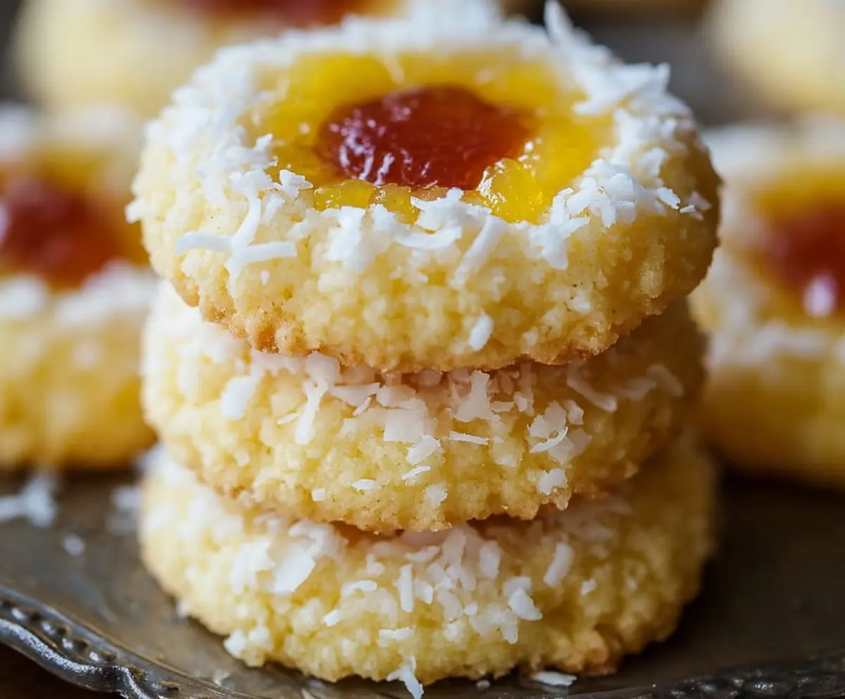 Delicious Hawaiian pineapple coconut thumbprint cookies garnished with colorful toppings on a rustic wooden table.