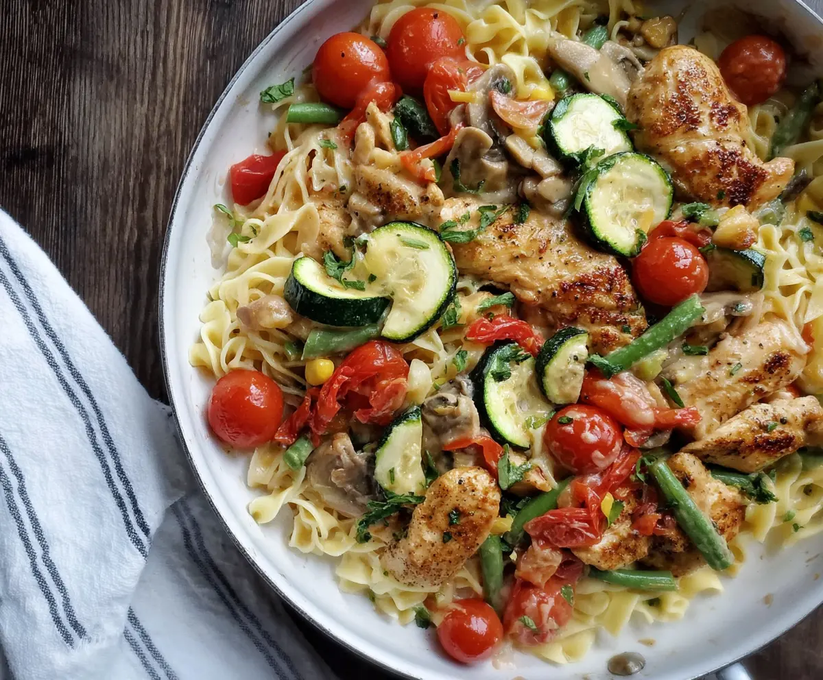 Delicious Easy Skillet Chicken Primavera with fresh vegetables and herbs served in a rustic skillet.