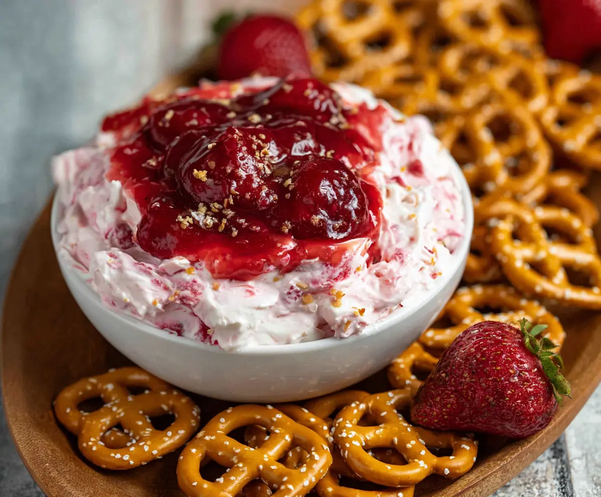 Creamy strawberry pretzel salad dip served in a clear bowl with fresh strawberries and pretzels for a delicious dessert recipe.