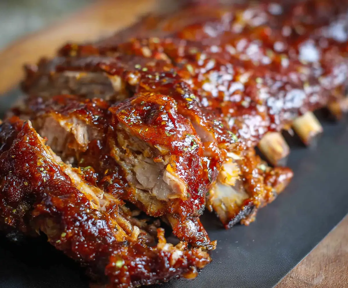 Juicy and tender fall off the bone ribs glazed with smoky barbecue sauce on a rustic plate.