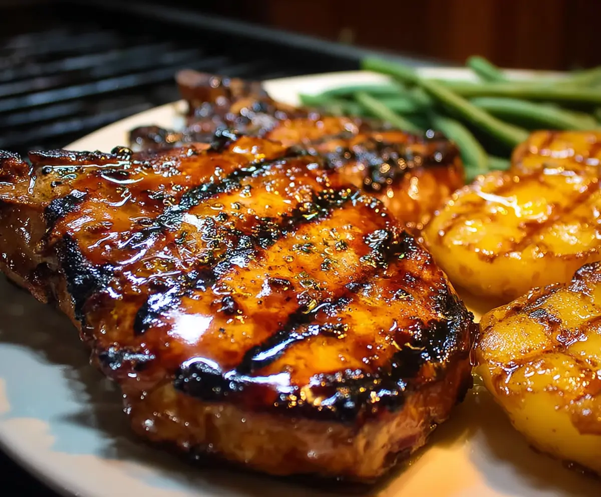 Juicy grilled brown sugar pork chops served with fresh herbs on a summer grill.