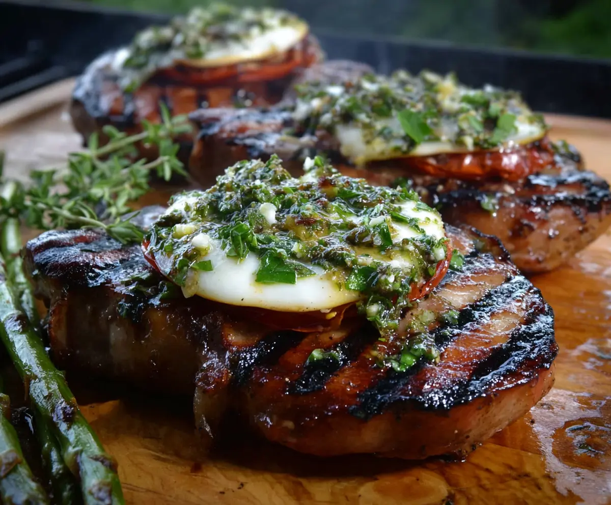 Juicy grilled Italian pork chops with herbs and spices on a barbecue grill.