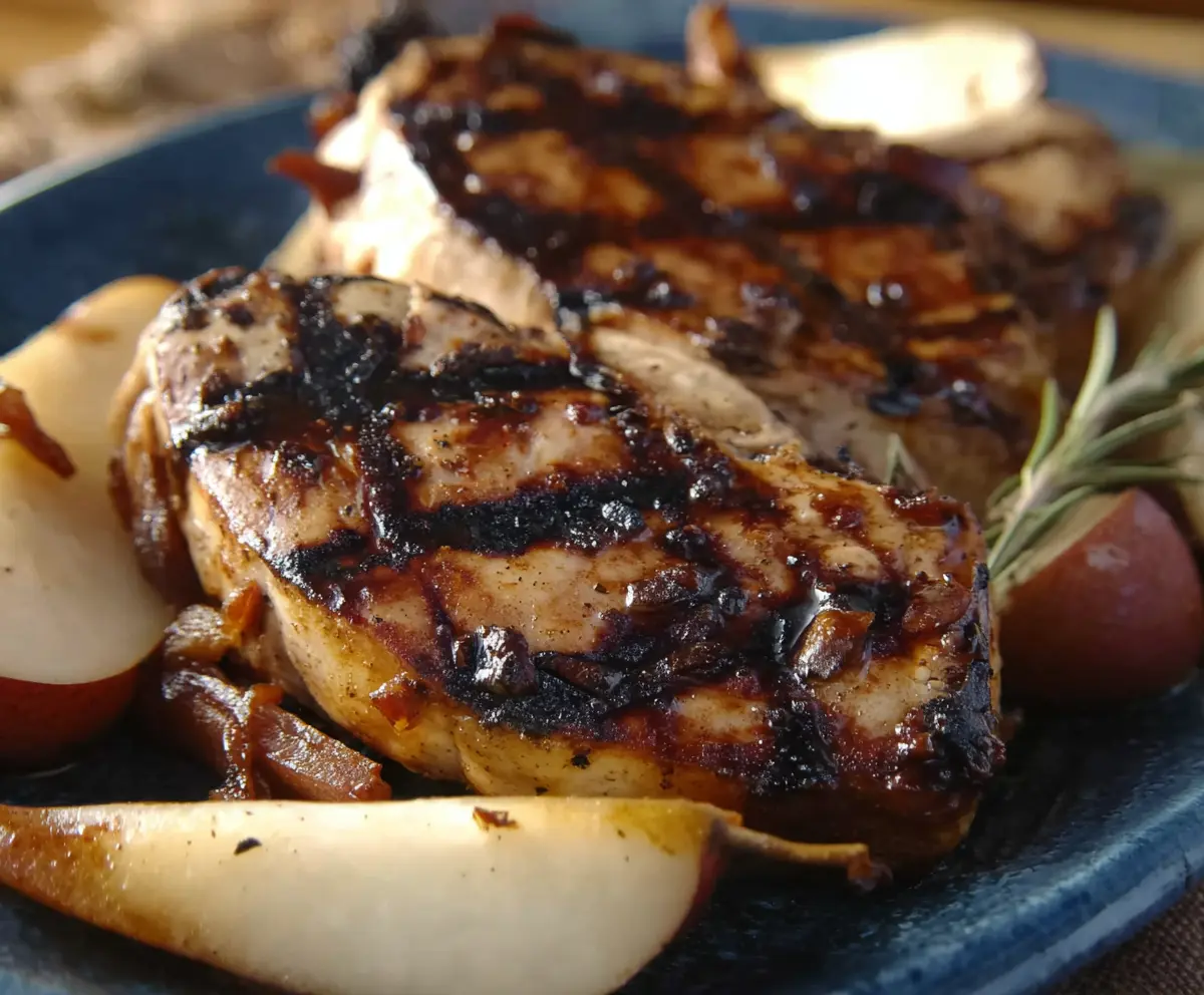 Delicious grilled pork chops served with balsamic caramelized pears on a rustic plate.