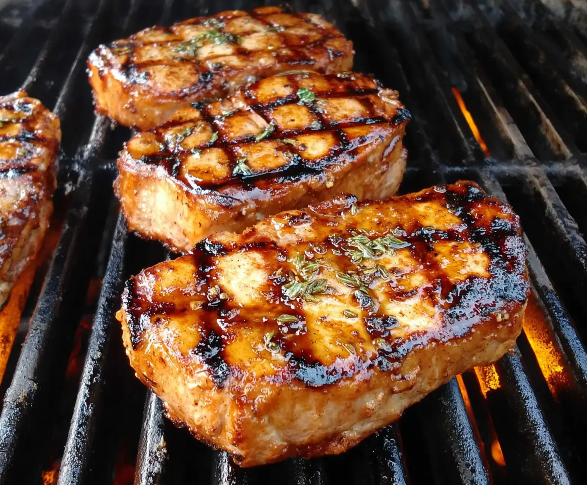 Juicy grilled pork loin chops juicy and perfectly cooked on a barbecue grill.