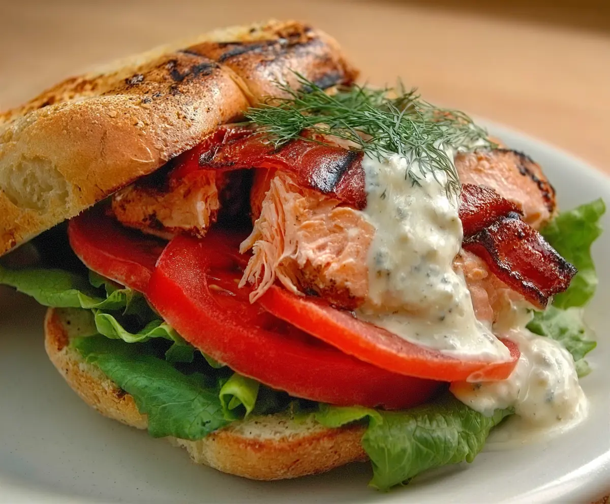 Delicious grilled salmon sandwich topped with fresh dill sauce on whole grain bread.
