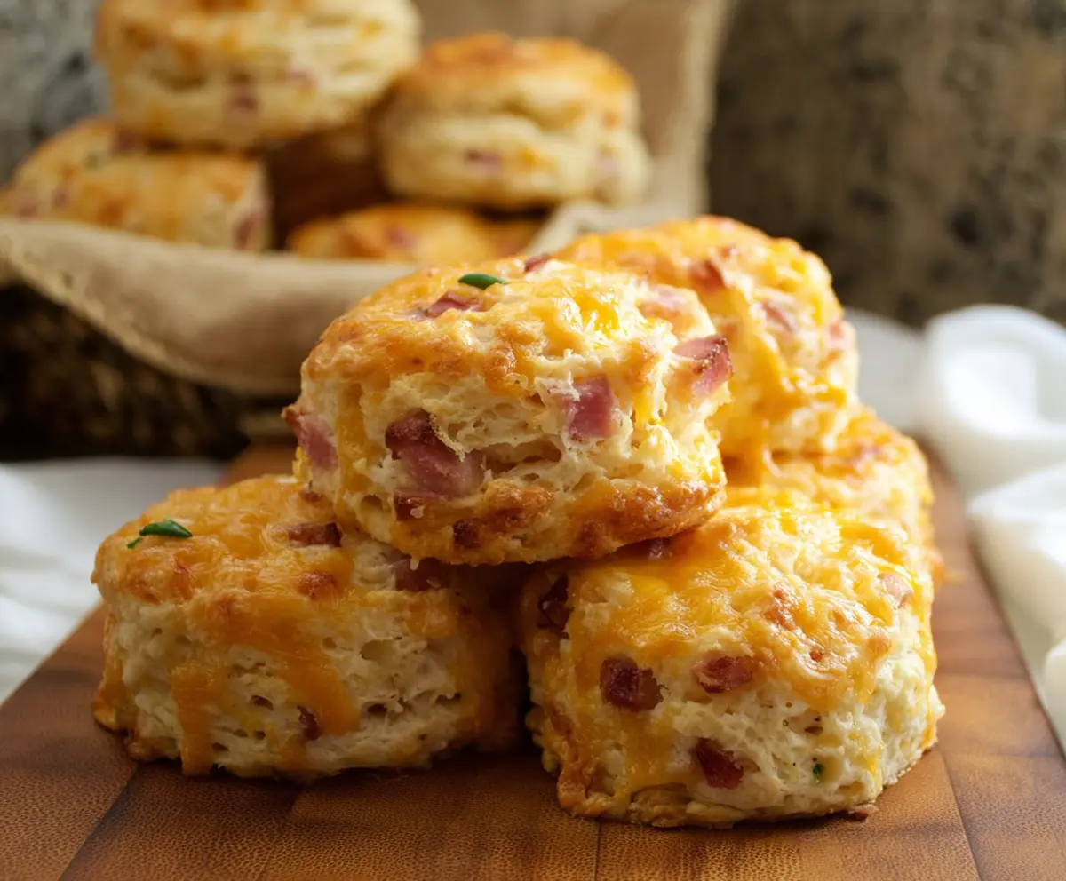 Delicious homemade ham and cheese biscuits, perfect for breakfast or snacks.