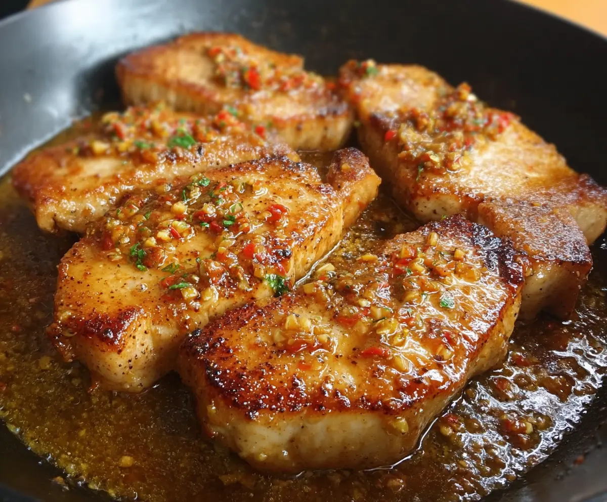 Juicy honey mustard glazed pork chops served with fresh herbs and vegetables.