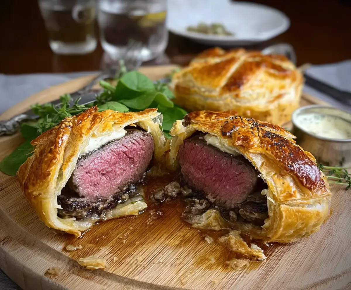 Delicious individual beef Wellingtons with flaky pastry and savory beef filling on a rustic wooden board.