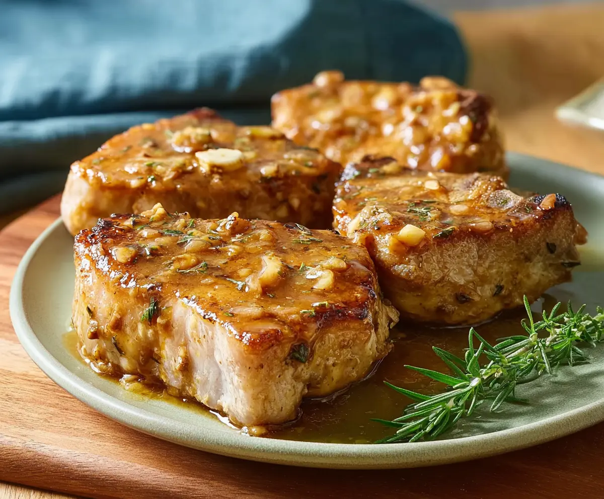 Juicy Instant Pot pork chops served with herbs and vegetables for a delicious meal.
