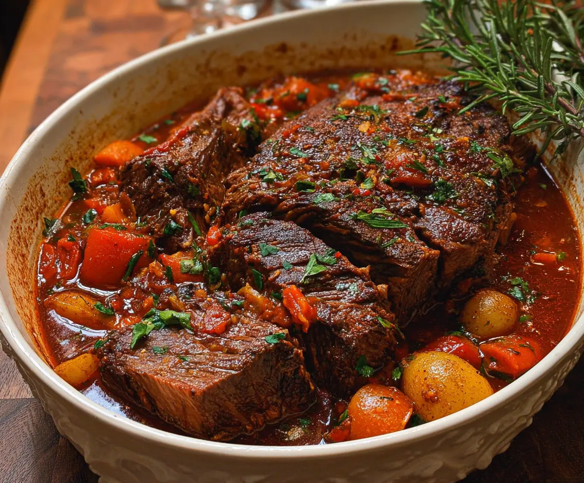 Delicious Italian Pot Roast (Straccato) served with tender, flavorful meat and fresh herbs on a rustic plate.