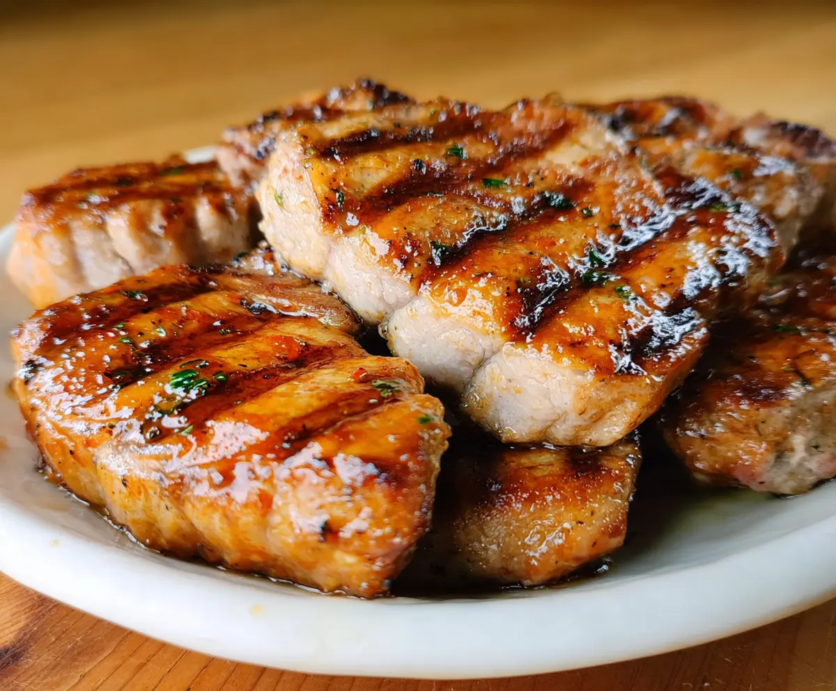 Succulent grilled pork chops with grill marks served on a platter