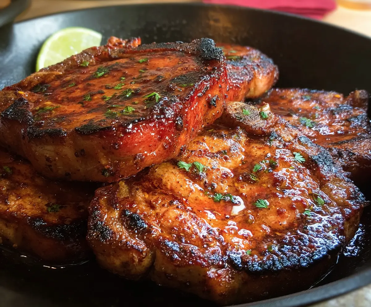 Juicy marinated spicy pork chops served on a rustic plate with fresh herbs.