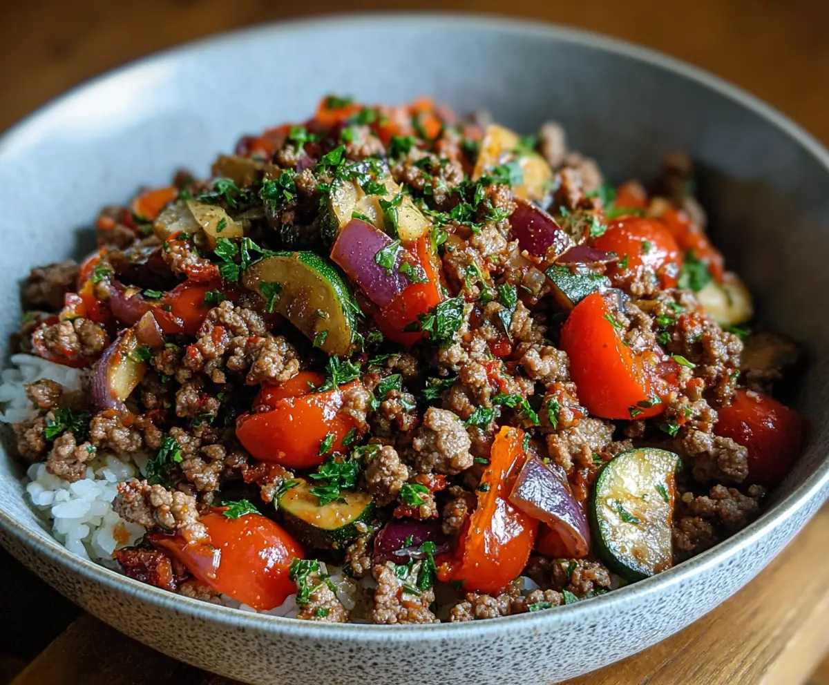 Savory Mediterranean ground beef stir-fry with colorful vegetables on a plate