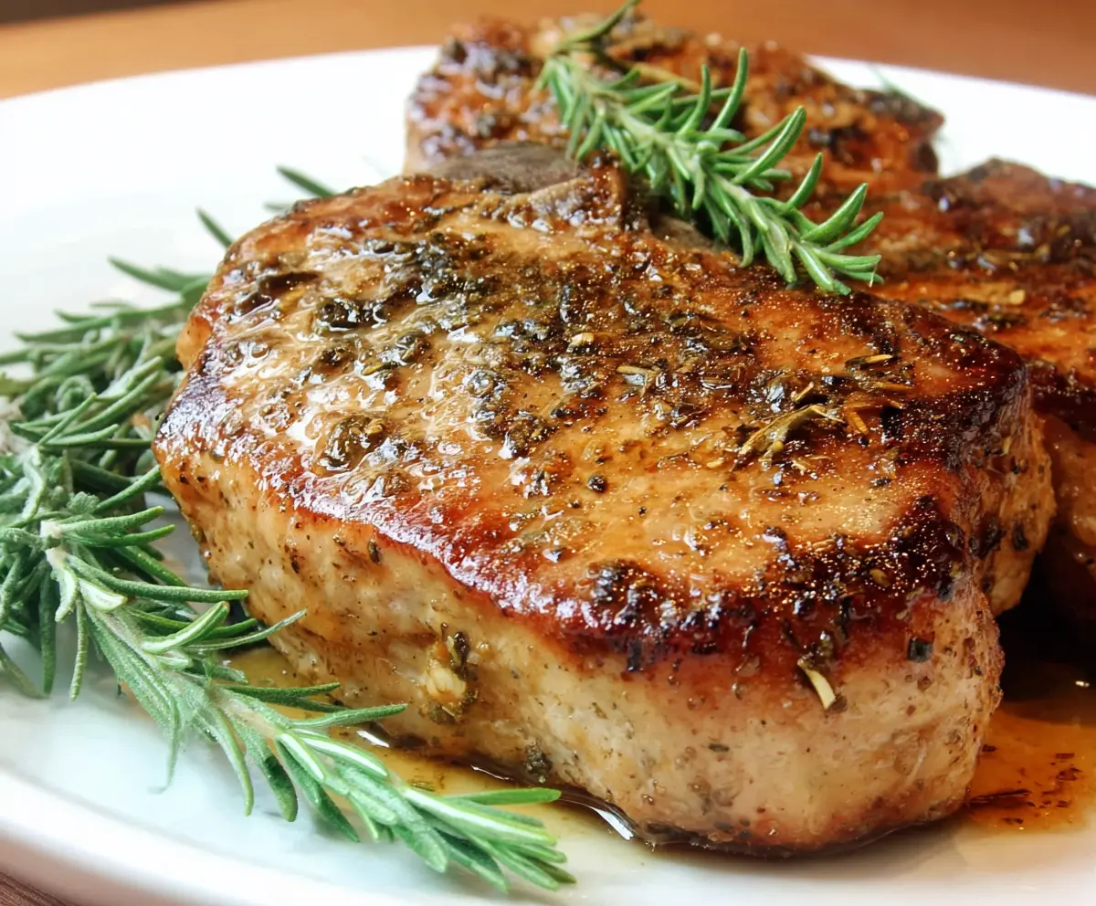 Juicy Modenese Pork Chops served with herbs and vegetables on a rustic platter.