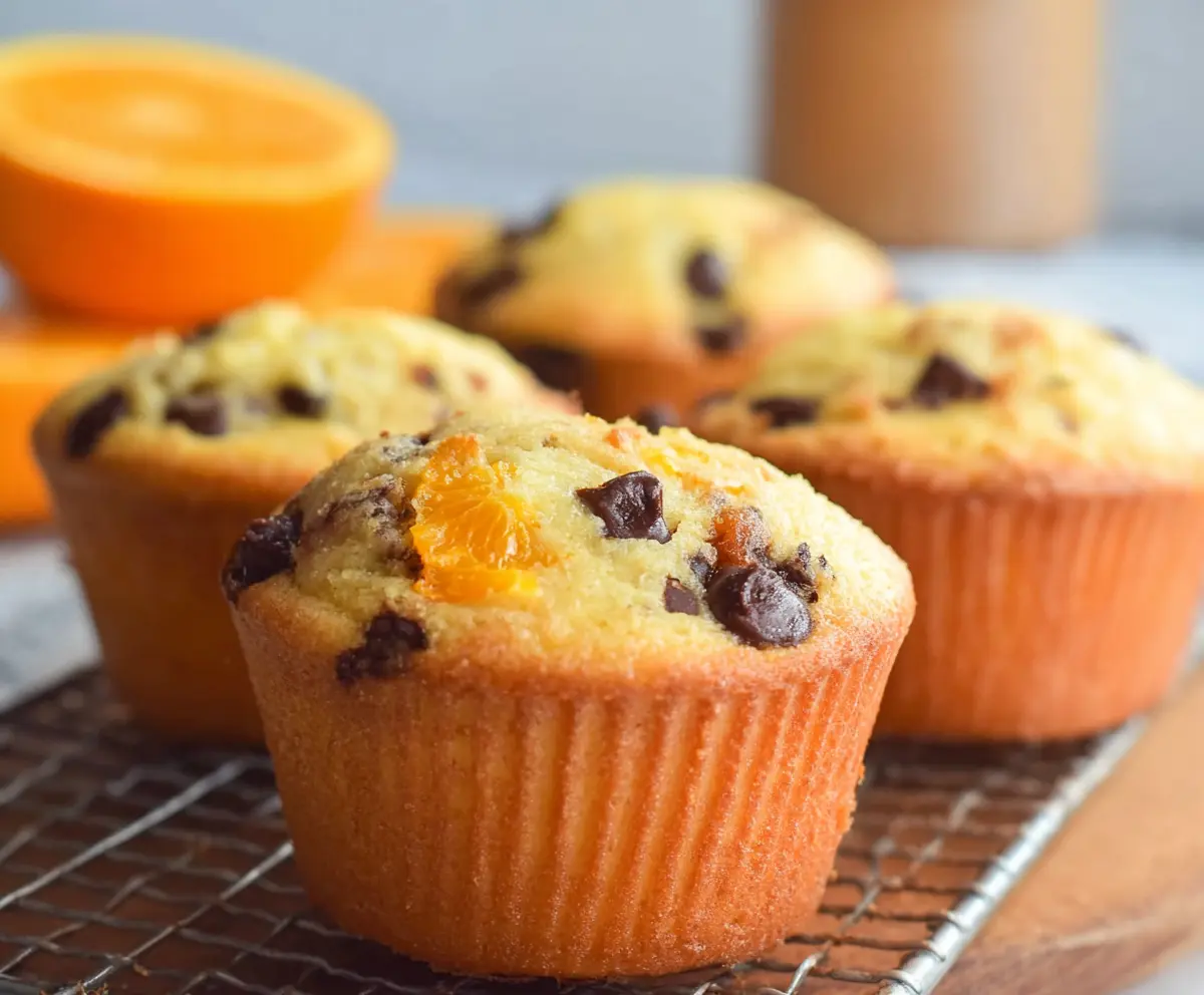 Delicious orange chocolate chip muffins fresh out of the oven with vibrant orange zest and melty chocolate chips.