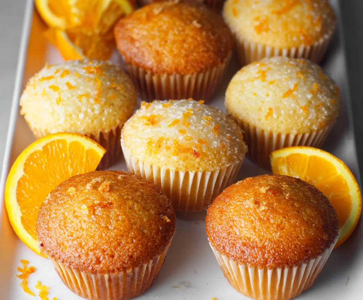 Freshly baked orange muffins in a basket with a zest of orange on top for a bright, citrusy treat.